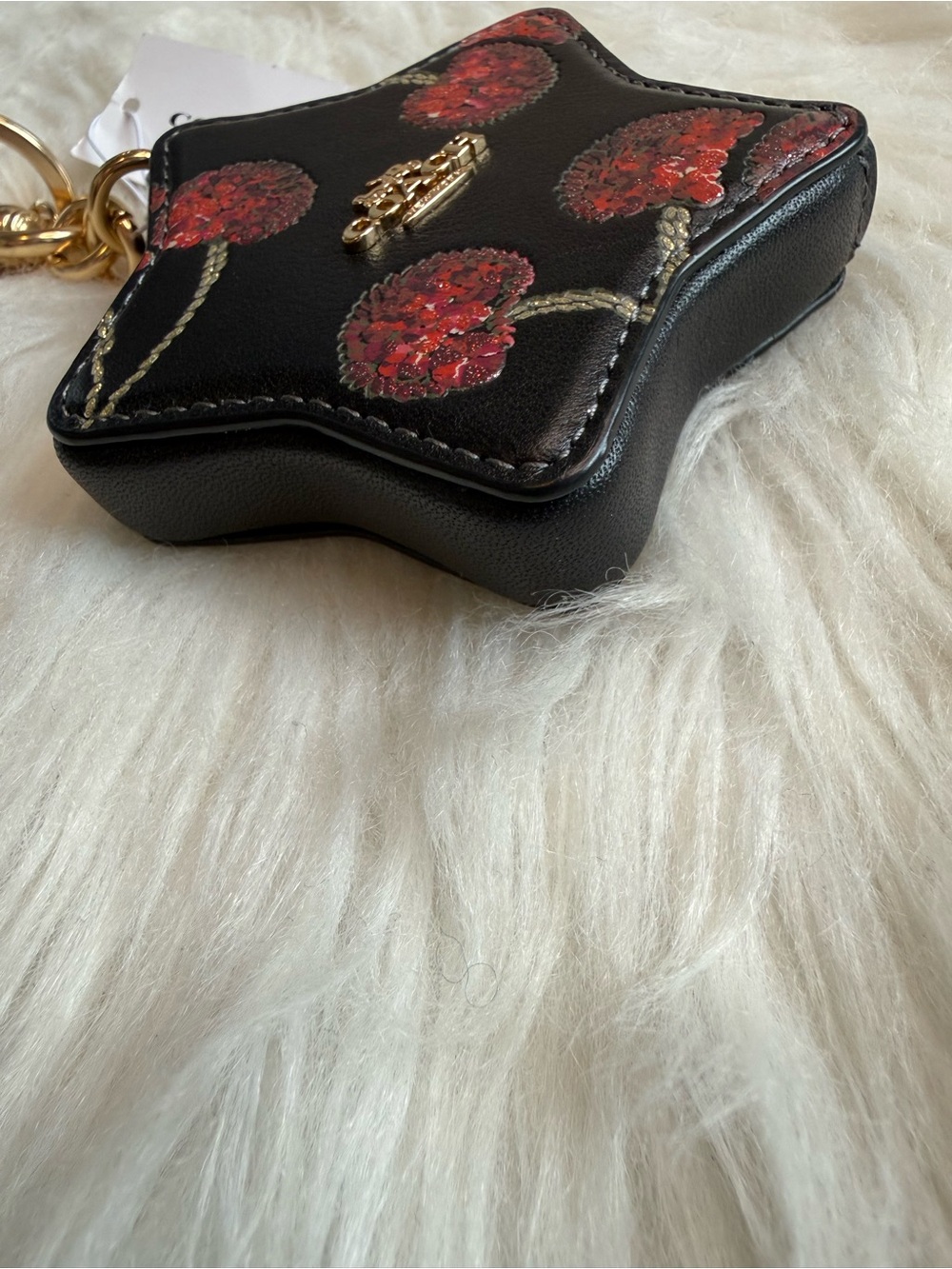 Coach Star Bag Charm with Cherry Print Gold Black Red Multi Leather CDA87 NWT - Picture 5 of 5
